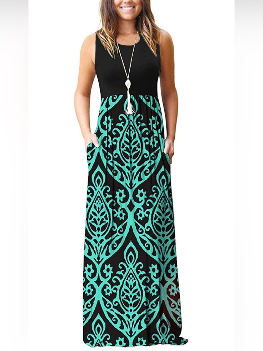 Sleeveless Black & Teal Patterned Maxi Dress